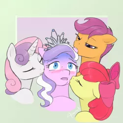Size: 1280x1280 | Tagged: suggestive, artist:arareroll, derpibooru import, apple bloom, diamond tiara, scootaloo, sweetie belle, pony, unicorn, bedroom eyes, blushing, bow, cmc foursome, cutie mark crusaders, ear bite, eyes closed, female, hair bow, kissing, lesbian, open mouth, shipping, sweat