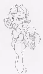 Size: 585x1000 | Tagged: suggestive, artist:dfectivedvice, derpibooru import, rarity, pony, belly button, bipedal, chest fluff, clothes, ear fluff, grayscale, lingerie, midriff, monochrome, panties, simple background, solo, stockings, traditional art, underwear