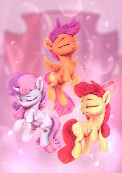 Size: 850x1200 | Tagged: safe, artist:assasinmonkey, derpibooru import, apple bloom, scootaloo, sweetie belle, earth pony, pegasus, pony, unicorn, crusaders of the lost mark, bow, cutie mark, cutie mark crusaders, eyes closed, female, filly, hair bow, the cmc's cutie marks