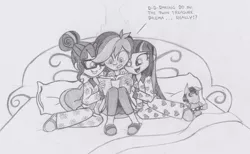 Size: 1335x822 | Tagged: suggestive, artist:lockerobster, derpibooru import, rainbow dash, sci-twi, smarty pants, twilight sparkle, equestria girls, friendship games, blushing, clothes, female, lesbian, monochrome, pajamas, scitwidash, shipping, slippers, traditional art, twidash