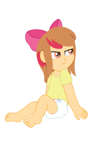 Size: 722x1106 | Tagged: adorabloom, annoyed, apple bloom, artist:the-crusader-network, barefoot, cute, derpibooru import, diaper, diaper fetish, feet, frown, glare, human, humanized, poofy diaper, questionable, simple background, sitting, solo, transparent background