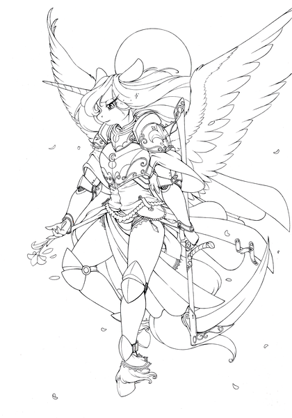 Size: 3503x5000 | Tagged: alicorn, anthro, armor, artist:longinius, crying, derpibooru import, flower, grayscale, lineart, monochrome, princess luna, safe, scythe, solo, spread wings, unguligrade anthro, unshorn fetlocks, warrior luna, weapon