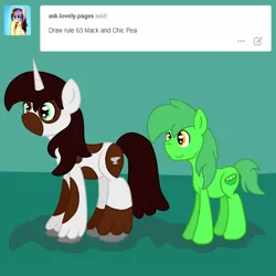 Size: 3000x3000 | Tagged: safe, artist:bigmackintosh, derpibooru import, oc, oc:chic pea, oc:hardy mackintosh, unofficial characters only, earth pony, pony, unicorn, blacksmith, duo, female, green coat, hardpea, male, mare, pinto, request, rule 63, stallion, unshorn fetlocks