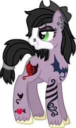 Size: 528x884 | Tagged: artist:starryoak, bat, clothes, derpibooru import, ear piercing, eyebrow piercing, hat, heart, nose piercing, oc, oc:pushing daisies, offspring, parent:2011 special edition pony, parent:troubleshoes clyde, piercing, safe, simple background, solo, tattoo, tattoo artist, transparent background, unofficial characters only, unshorn fetlocks