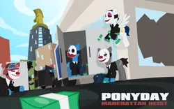 Size: 1130x707 | Tagged: safe, artist:hasselhooves, derpibooru import, earth pony, pegasus, pony, wolf, chains, clown mask, crystaller building, dallas, houston, male, manehattan, mask, money, payday, payday 2, payday the heist, police, stallion