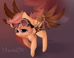 Size: 1372x1081 | Tagged: artificial wings, artist:hamatte, augmented, derpibooru import, goggles, mechanical wing, safe, scootaloo, simple background, solo, steampunk, wings