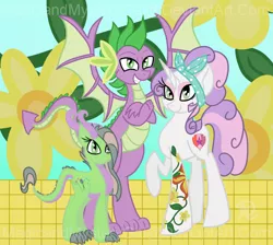 Size: 960x860 | Tagged: safe, alternate version, artist:magicandmysterygal, derpibooru import, spike, sweetie belle, oc, oc:melody, dracony, dragon, hybrid, pony, unicorn, crusaders of the lost mark, alternate hairstyle, bandana, cutie mark, eyeshadow, family, female, interspecies offspring, makeup, male, offspring, older, parent:spike, parent:sweetie belle, parents:spikebelle, shipping, spikebelle, straight, tattoo, the cmc's cutie marks, updated design