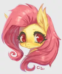 Size: 769x915 | Tagged: safe, artist:cizu, derpibooru import, fluttershy, bat pony, pony, bust, cute, flutterbat, gray background, head only, portrait, race swap, shyabates, shyabetes, simple background, solo