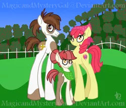 Size: 1000x860 | Tagged: alternate hairstyle, apple bloom, artist:magicandmysterygal, bandana, chin fluff, crusaders of the lost mark, cutie mark, derpibooru import, family, female, freckles, handkerchief, impossibly long legs, male, oc, oc:little seed, offspring, older, parent:apple bloom, parent:pipsqueak, parents:pipbloom, pipbloom, pipsqueak, safe, shipping, straight, the cmc's cutie marks