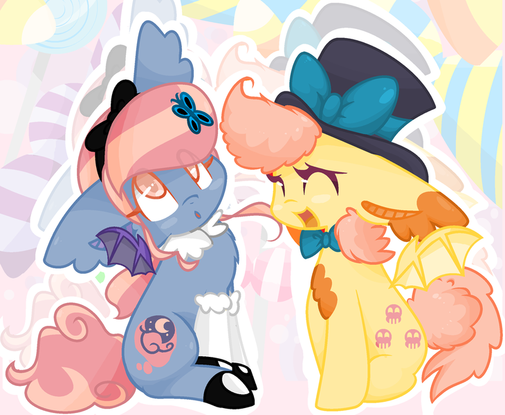 Size: 1024x842 | Tagged: safe, artist:csox, derpibooru import, oc, oc:creampuff, oc:lavender dream, unofficial characters only, bat pony, pony, alice in wonderland, bow, bowtie, clothes, cute, dressup, hair bow, hat, shoes, stockings