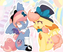 Size: 1024x842 | Tagged: safe, artist:csox, derpibooru import, oc, oc:creampuff, oc:lavender dream, unofficial characters only, bat pony, pony, alice in wonderland, bow, bowtie, clothes, cute, dressup, hair bow, hat, shoes, stockings