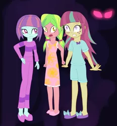 Size: 1024x1102 | Tagged: safe, artist:berrypunchrules, derpibooru import, lemon zest, sour sweet, sugarcoat, sunny flare, equestria girls, friendship games, alternate hairstyle, clothes, crystal prep academy, crystal prep shadowbolts, fanfic art, glowing eyes, loose hair, pajamas, pigtails