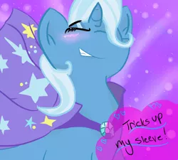 Size: 1000x900 | Tagged: safe, artist:soursparklysoda, derpibooru import, trixie, pony, unicorn, blushing, eyes closed, female, grin, heart, mare, palindrome get, smiling, smirk, solo