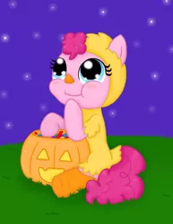 Size: 612x792 | Tagged: safe, artist:poppun, derpibooru import, pinkie pie, pony, animal costume, candy, chicken pie, chicken suit, clothes, costume, cute, diapinkes, eating, female, filly, food, image, jpeg, nightmare night, nightmare night costume, younger