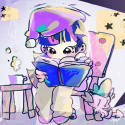 Size: 1181x1181 | Tagged: artist:mana, book, clothes, cup, cute, derpibooru import, duo, female, human, humanized, male, mug, pajamas, pixiv, reading, safe, sitting, sleeping cap, spike, twiabetes, twilight sparkle