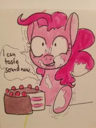 Size: 1600x2133 | Tagged: artist:whale, cake, crazy face, derpibooru import, dialogue, faic, food, frosting, pinkie pie, safe, solo, synesthesia, traditional art
