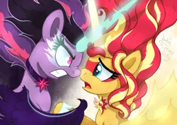 Size: 1840x1300 | Tagged: safe, artist:joakaha, derpibooru import, sci-twi, sunset shimmer, twilight sparkle, ponified, pony, equestria girls, friendship games, daydream shimmer, equestria girls ponified, horns are touching, midnight sparkle, nose wrinkle, noseboop