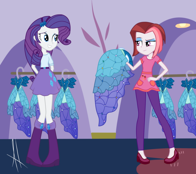 Size: 1024x910 | Tagged: dead source, safe, artist:angelitus01, derpibooru import, cayenne, rarity, canterlot boutique, equestria girls, clothes, dress, equestria girls interpretation, equestria girls-ified, hand on hip, hands behind back, looking at each other, princess dress, scene interpretation, skirt