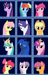 Size: 3500x5500 | Tagged: safe, artist:vasillium, derpibooru import, apple bloom, applejack, fluttershy, pinkie pie, princess cadance, princess celestia, princess luna, rainbow dash, rarity, scootaloo, sweetie belle, twilight sparkle, twilight sparkle (alicorn), alicorn, pony, alicorn tetrarchy, alternate hairstyle, bangs, cutie mark crusaders, female, hair over eyes, hilarious in hindsight, hime cut, mane six, mane swap, manebow sparkle, mare, wink