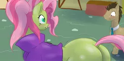 Size: 1259x624 | Tagged: suggestive, artist:hell ray, derpibooru import, doctor whooves, time turner, oc, oc:saggitha slap, pony, ass, blushing, cropped, eyes on the prize, female, male, necktie, ponyville, stallion, sweat, the ass was fat, tunic