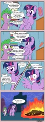 Size: 600x1600 | Tagged: safe, artist:empyu, derpibooru import, spike, twilight sparkle, twilight sparkle (alicorn), alicorn, pony, 30 minute art challenge, book, comic, dialogue, female, fire, mare, shipper on deck, speech bubble, spread wings, wide eyes