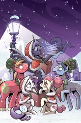 Size: 787x1195 | Tagged: safe, artist:brendahickey, derpibooru import, idw, big macintosh, princess luna, rarity, toe-tapper, torch song, earth pony, pony, bow, caroling, christmas, cover, eye twitch, hat, holiday, holly, lamppost, male, snow, spread wings, stallion, the ponytones, traditional royal canterlot voice