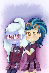 Size: 1000x1500 | Tagged: safe, artist:rmariansj, derpibooru import, indigo zap, sugarcoat, equestria girls, friendship games, clothes, crystal prep academy, crystal prep academy uniform, crystal prep shadowbolts, female, lesbian, looking at you, school uniform, shipping, skirt, sugarzap