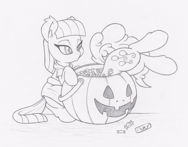 Size: 1500x1171 | Tagged: safe, artist:dfectivedvice, derpibooru import, maud pie, pinkie pie, pony, cute, diapinkes, grayscale, maudabetes, monochrome, nightmare night, silly, silly pony