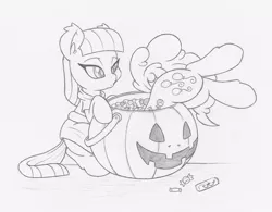 Size: 1500x1171 | Tagged: safe, artist:dfectivedvice, derpibooru import, maud pie, pinkie pie, pony, cute, diapinkes, grayscale, maudabetes, monochrome, nightmare night, silly, silly pony