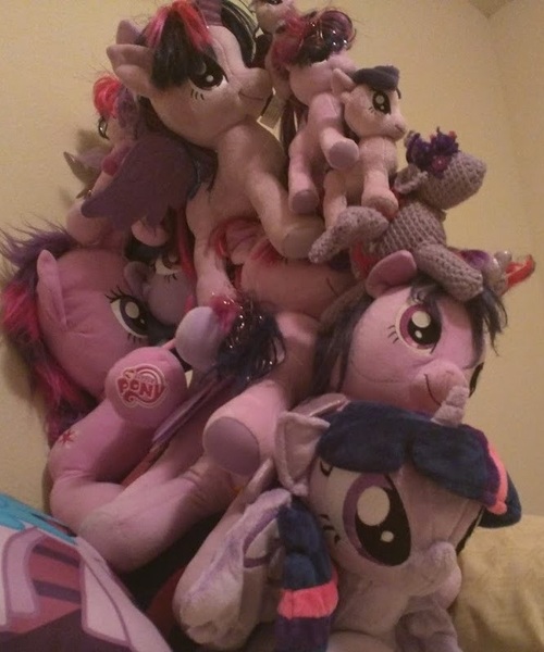 Size: 667x800 | Tagged: safe, artist:buttsnstuff, artist:heatherblossom, derpibooru import, photographer:corpulentbrony, twilight sparkle, twilight sparkle (alicorn), alicorn, pony, custom, female, irl, mare, multeity, my little pony logo, photo, plushie, sparkle sparkle sparkle, tower of pony, toy