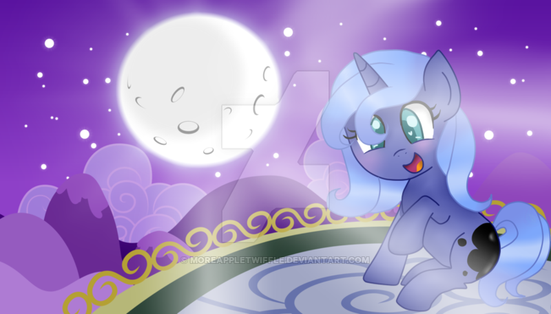 Size: 800x457 | Tagged: safe, artist:moreappletwiffle, derpibooru import, princess luna, balcony, filly, moon, night, solo, watermark, woona