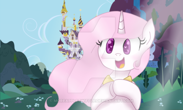 Size: 600x362 | Tagged: artist:moreappletwiffle, castle, cewestia, cute, derpibooru import, filly, pink-mane celestia, princess celestia, safe, solo, watermark