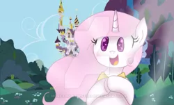 Size: 600x362 | Tagged: artist:moreappletwiffle, castle, cewestia, cute, derpibooru import, filly, pink-mane celestia, princess celestia, safe, solo, watermark