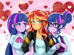 Size: 1280x948 | Tagged: safe, artist:buryooooo, derpibooru import, sci-twi, sunset shimmer, twilight sparkle, equestria girls, friendship games, bedroom eyes, blushing, counterparts, cute, female, lesbian, looking at you, magical trio, nervous, ot3, polyamory, scitwishimmer, self paradox, shipping, sunset twiangle, sunsetsparkle, sweat, sweatdrop, twilight's counterparts, twolight