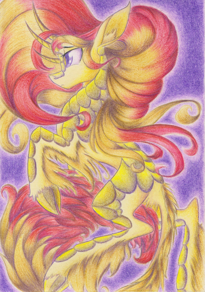 Size: 1746x2474 | Tagged: artist:waterferret, colored pupils, derpibooru import, ear fluff, kirin, safe, solo, species swap, sunset shimmer, traditional art, unshorn fetlocks