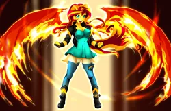 Size: 5100x3300 | Tagged: safe, artist:animeclaro, derpibooru import, sunset shimmer, equestria girls, my past is not today, breasts, busty sunset shimmer, cleavage, clenched fist, clothes, eared humanization, female, fiery wings, fingerless gloves, gloves, jeans, looking at you, open mouth, pants, ponied up, ripped jeans, smiling, solo, sunset phoenix, torn clothes, winged humanization