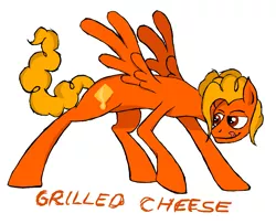 Size: 1353x1101 | Tagged: source needed, safe, artist:rexlupin, derpibooru import, oc, oc:grilled cheese, unofficial characters only, pegasus, pony, confident, male, mischievous, offspring, parent:cheese sandwich, parent:spitfire, solo