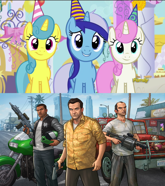 Size: 1920x2158 | Tagged: amending fences, artist:patrickbrown, comparison, derpibooru import, franklin clinton, grand theft auto, gta v, lemon hearts, michael de santa, minuette, safe, trevor philips, twinkleshine