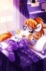 Size: 740x1145 | Tagged: safe, artist:pepooni, derpibooru import, oc, unofficial characters only, pegasus, pony, bed, clothes, narcissism, plushie, socks, solo, striped socks