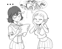 Size: 1500x1200 | Tagged: artist:mickeymonster, blushing, crossover, derpibooru import, drawing, eyes closed, heart, human, kill la kill, mako mankanshoku, pencil, ponified, ryuko matoi, safe, satsuki kiryuin, senketsu, sisters, sketch