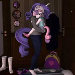 Size: 2500x2500 | Tagged: safe, artist:kaemantis, artist:tahublade7, deleted from derpibooru, derpibooru import, applejack, opalescence, rarity, sweetie belle, anthro, plantigrade anthro, 3d, alternate hairstyle, alternate universe, backpack, barefoot, blaze the cat, boots, clothes, crossover, daz studio, feet, female, hug, lesbian, panties, pink underwear, plushie, rarijack, shipping, snow, sonic the hedgehog (series), story included, that was fast, underwear, younger