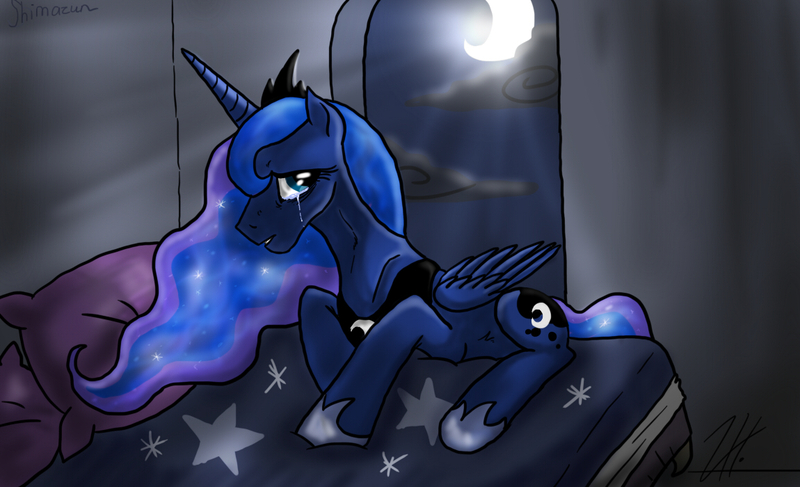 Size: 1150x700 | Tagged: artist:shimazun, crying, derpibooru import, moon, night, night sky, princess luna, safe, solo