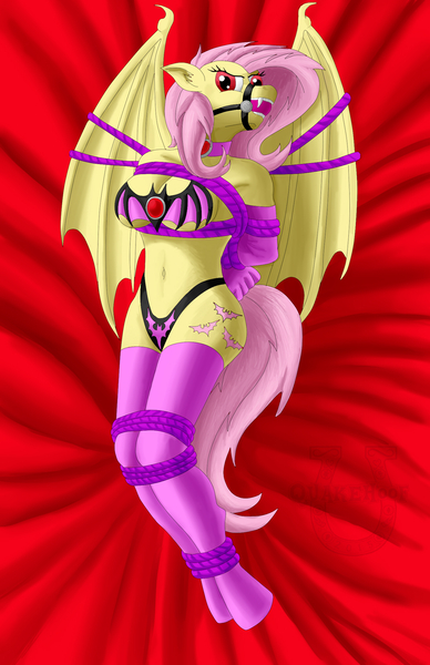 Size: 1446x2238 | Tagged: suggestive, artist:quakehoof, derpibooru import, fluttershy, anthro, bat pony, unguligrade anthro, vampony, ballgag, bedsheets, bondage, bound wings, box tied, bra, breast bondage, breasts, busty fluttershy, choker, clothes, evening gloves, fangs, female, flutterbat, gag, gloves, knee tied, on back, panties, rope bondage, solo, solo female, stockings, tied up, underwear