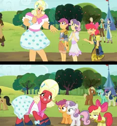 Size: 1532x1635 | Tagged: apple bloom, artist:didj, big macintosh, bon bon, brotherhooves social, cherry cola, cherry fizzy, crossdressing, cutie mark crusaders, derpibooru import, drag, human, humanized, lyra heartstrings, meadow song, my little mages, orchard blossom, safe, scene interpretation, scootaloo, screencap, sweetie belle, sweetie drops