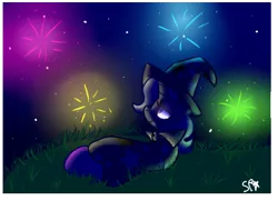 Size: 544x394 | Tagged: safe, artist:spittypie1011, derpibooru import, trixie, pony, unicorn, female, fireworks, grass, lidded eyes, looking up, mare, night, side, smiling, solo, stars