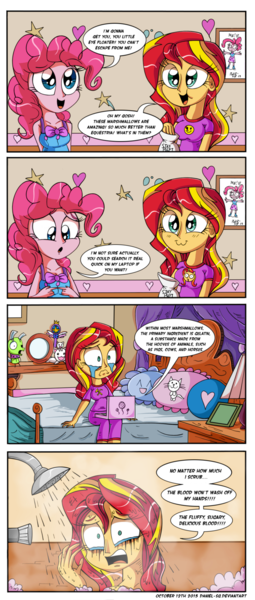 Size: 1000x2355 | Tagged: safe, artist:daniel-sg, derpibooru import, pinkie pie, sunset shimmer, equestria girls, 4koma, :3, accidental cannibalism, azumanga daioh, chuck, clothes, comic, crossing the line twice, crying, dark comedy, ghostbusters, hammer and sickle, implied cannibalism, marshmallow, pajamas, panty and stocking with garterbelt, running makeup, shower, shower of angst, star vs the forces of evil, stay puft marshmallow man, wand, watchmen, wide eyes