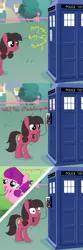 Size: 590x1771 | Tagged: safe, artist:lightf4lls, artist:rioumcdohl26, derpibooru import, lily longsocks, oc, oc:macdolia, earth pony, pony, crusaders of the lost mark, comic, doctor who, female, filly, ninth doctor, pigtails, ponyville, tardis, the empty child