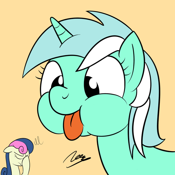 Size: 2000x2000 | Tagged: safe, artist:soulfulmirror, derpibooru import, bon bon, lyra heartstrings, sweetie drops, earth pony, pony, unicorn, :p, bon bon is not amused, cute, eyes closed, facehoof, female, floppy ears, frown, gradient background, lyrabetes, mare, puffy cheeks, silly, silly face, silly pony, simple background, smiling, tongue out, unamused, yellow background