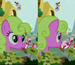 Size: 614x530 | Tagged: safe, derpibooru import, cheerilee, daisy, derpy hooves, flower wishes, little red, peach fuzz, snails, snips, sweetie belle, twist, pegasus, pony, crusaders of the lost mark, female, mare, mouth hold, trowel