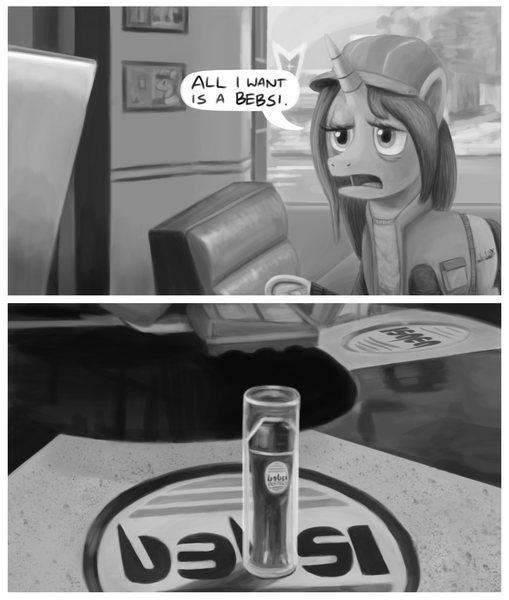 Size: 1056x1245 | Tagged: artist:unsavorydom, back to the future, bebsi, clothes, comic, derpibooru import, diner, grayscale, marty mcfly, mlpgdraws, monochrome, oc, oc:gloomy, parody, pepsi, pepsi perfect, safe, soda, solo, unofficial characters only, vest